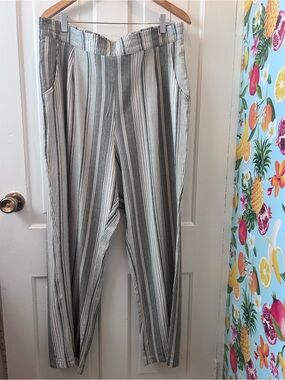 IYLA Striped Wide Leg Linen Pants Neutral Grey\White\Olive Coastal Boho Size XXL